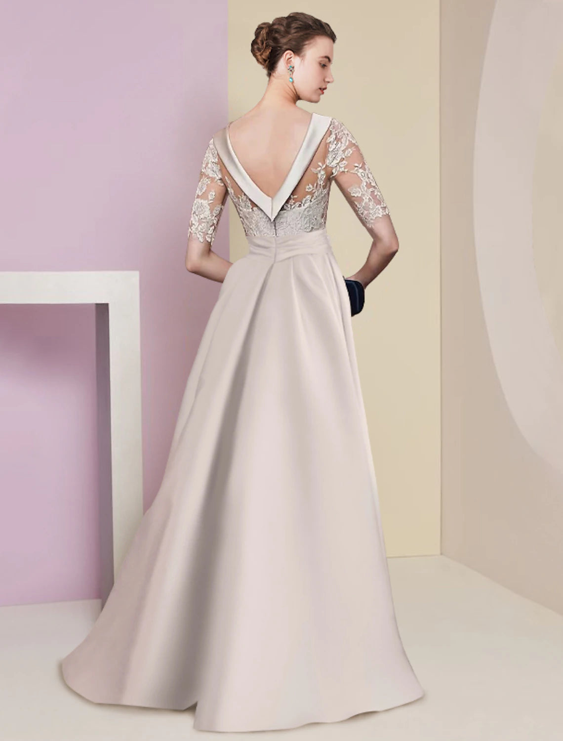 A-Linien-Kleid für die Brautmutter, formell, elegant, U-Ausschnitt, bodenlang, Satin, Spitze, halbe Ärmel mit Applikationen