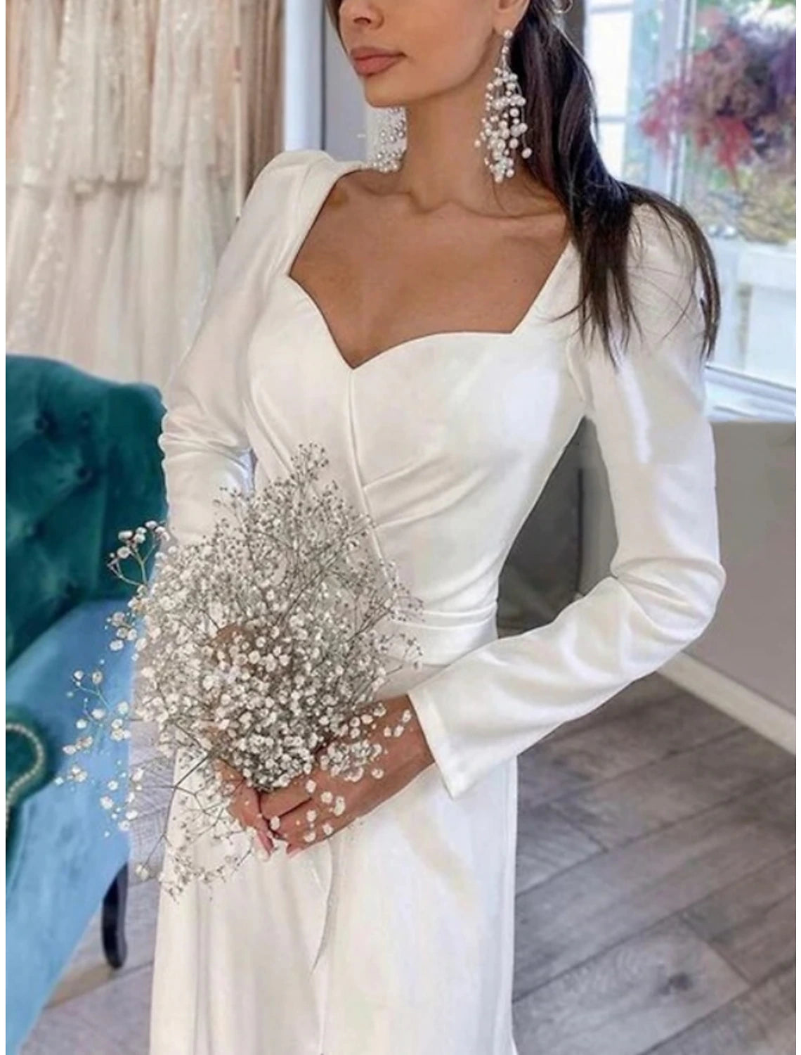 Formelle Brautkleider Etui-Linie Herzausschnitt Langarm Hofschleppe Satin Brautkleider mit Falten Schlitz Vorne