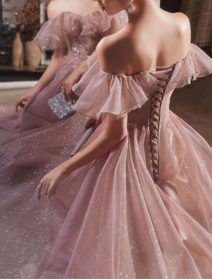 A-Line Beautiful Back Elegant Prom Formal Evening Birthday Dress Off Shoulder Short Sleeve Floor Length Lace with Appliques