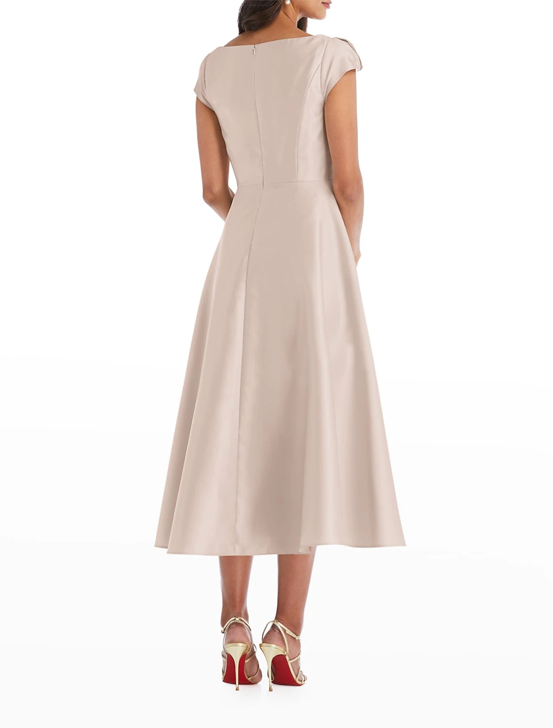 Robe de cocktail trapèze élégante, robe de mariage, fiançailles, longueur thé, manches courtes, col rond, satin italien avec drapé