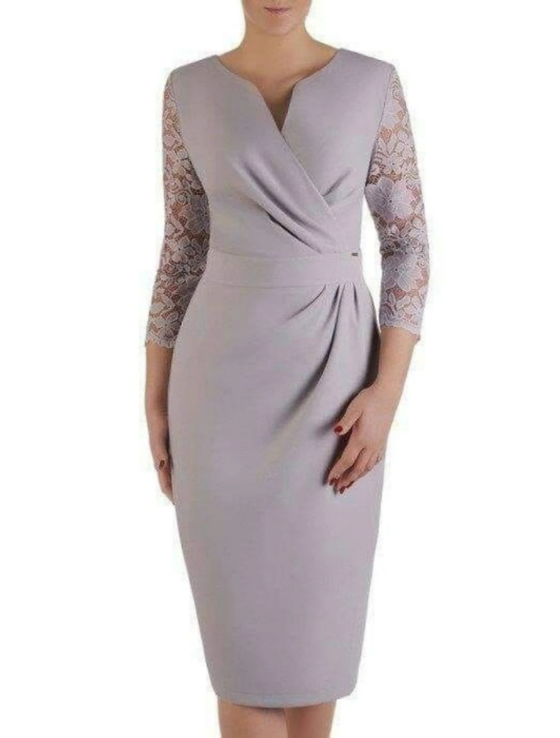 Etuikleid/Säulenkleid für die Brautmutter, elegant, minimalistisch, V-Ausschnitt, knielang, Spitze, Stretchstoff, 3/4-Ärmel mit Rüschen