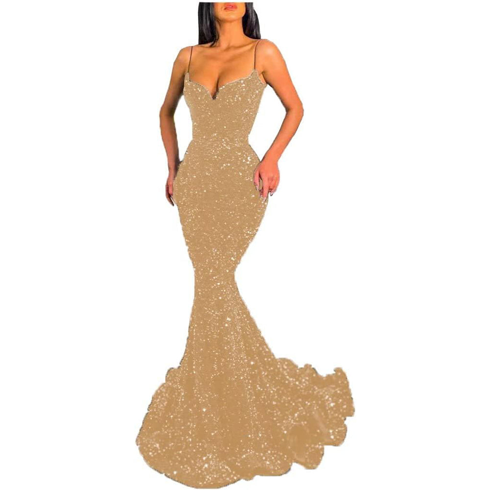 Pailletten-Meerjungfrauen-Ballkleid, funkelndes V-Ausschnitt-Ballkleid mit italienischen Nudelträgern