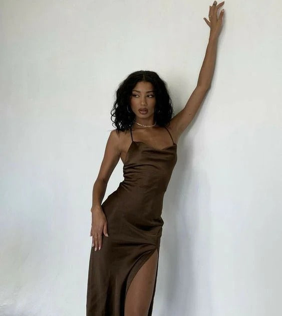 Chocolate Brown Slip Cowl Neck Spaghetti Strap High Slit Long Evening Dress