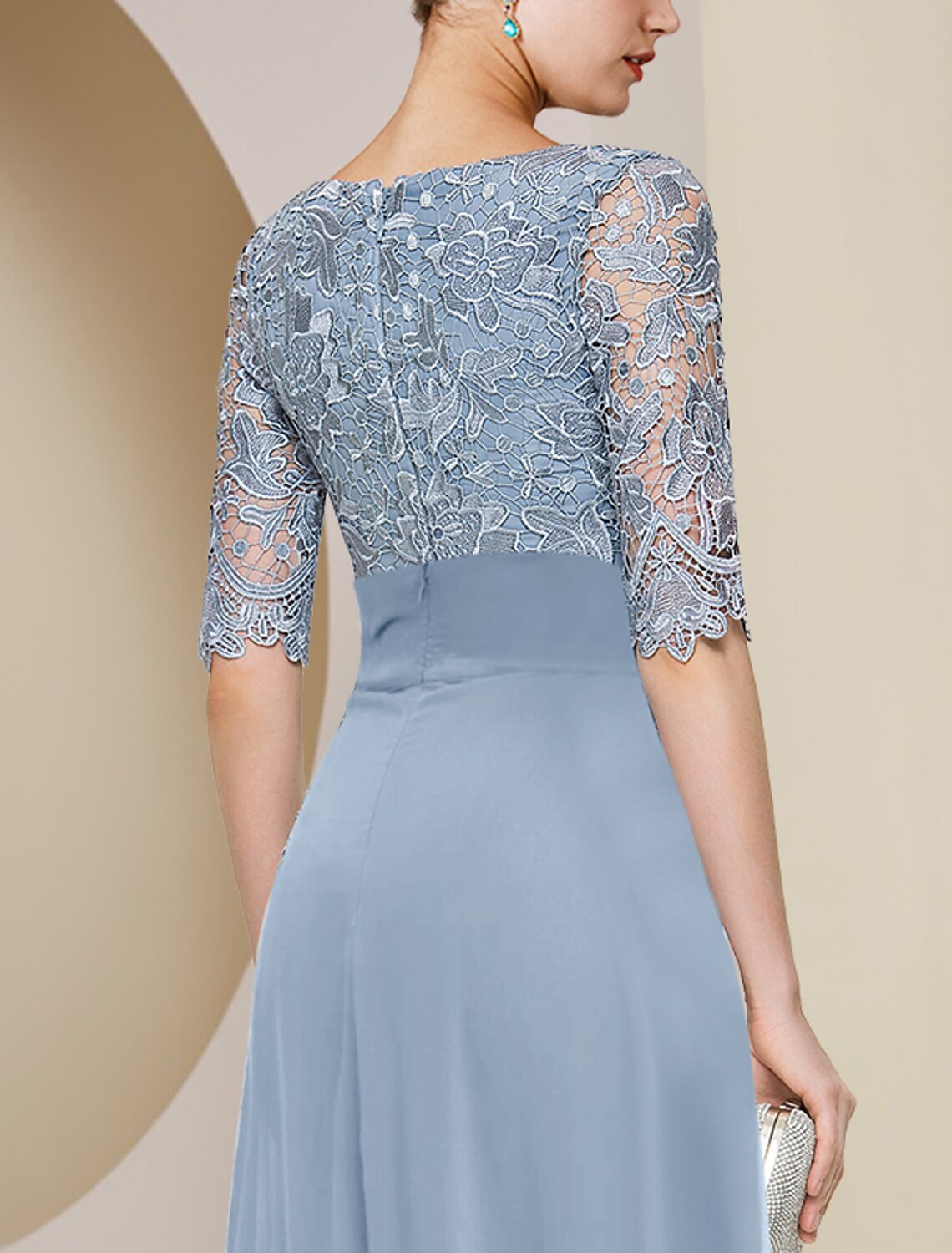 Etuikleid/Säulenkleid für die Brautmutter, formeller Hochzeitsgast, elegant, V-Ausschnitt, knielang, Chiffon, Spitze, halbe Ärmel mit Applikationen