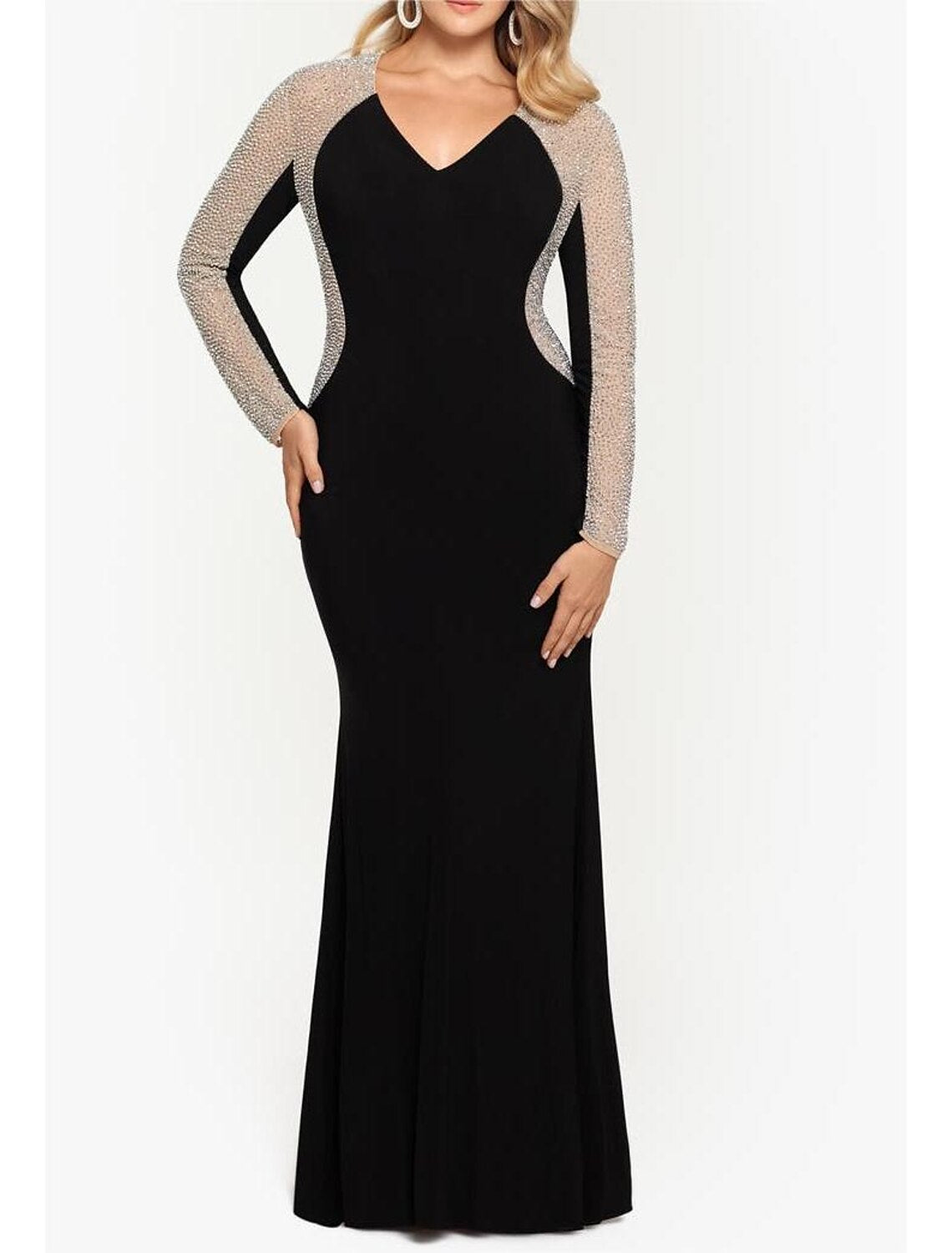 Mermaid / Trumpet Mother of the Bride Dress Wedding Guest Elegant Vintage Luxurious V Neck Floor Length Velvet Long Sleeve with Crystals