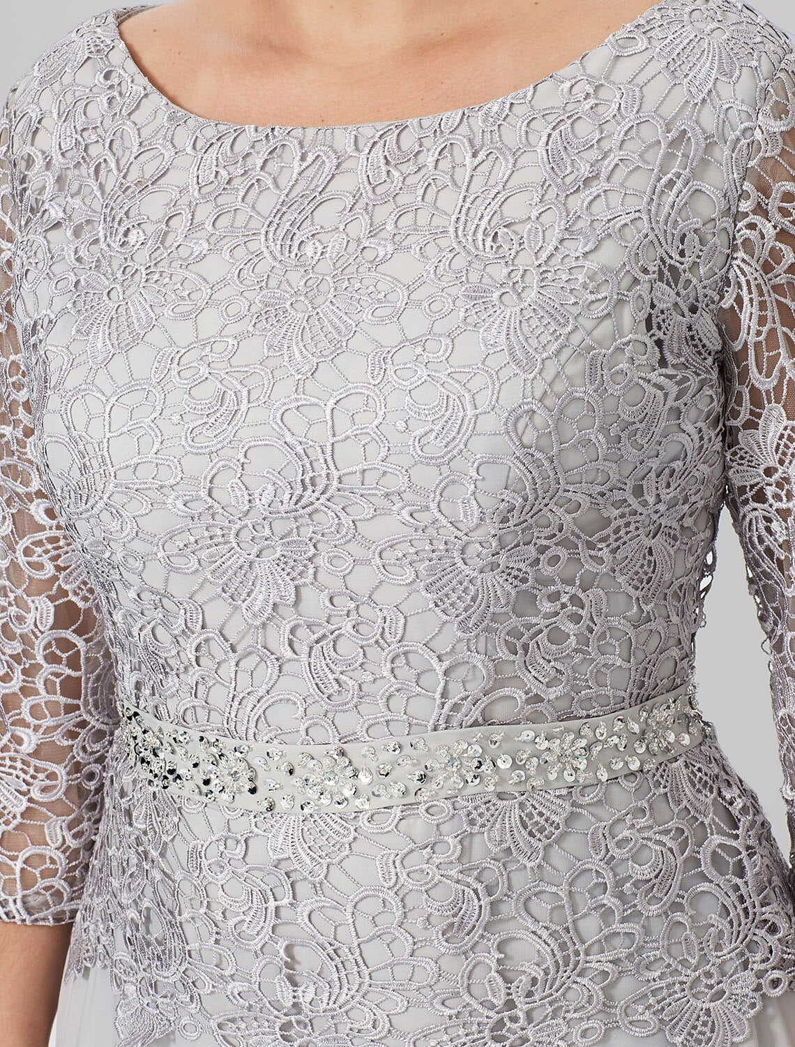 Robe de mère de la mariée fourreau/colonne, grande taille, élégante, col bijou, longueur au sol, mousseline, dentelle cordée, manches 3/4, sans dentelle