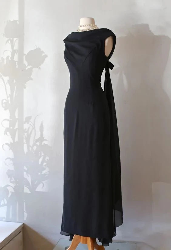 Classic Sheath Cowl Neck Sleeveless Bow Back Long Evening Dress