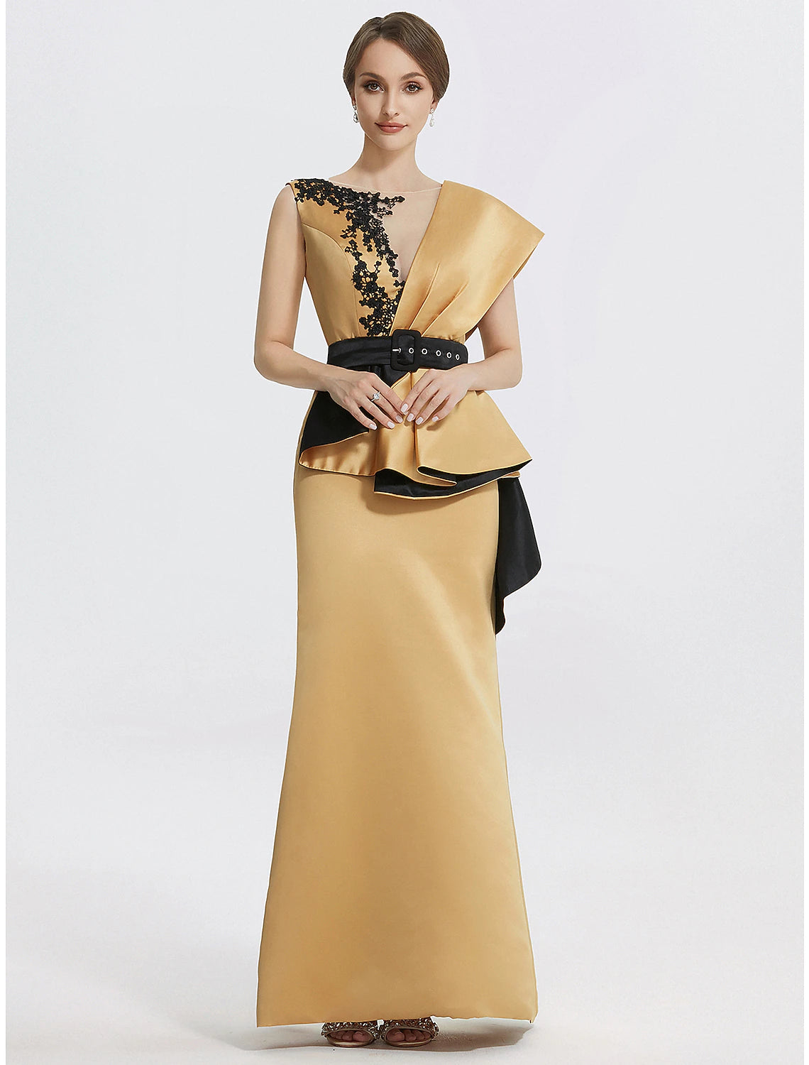 Etuikleid/Säulen-Abendkleid, elegantes Kleid, formell, bodenlang, ärmellos, Rundhalsausschnitt, Satin mit Stickerei-Applikationen