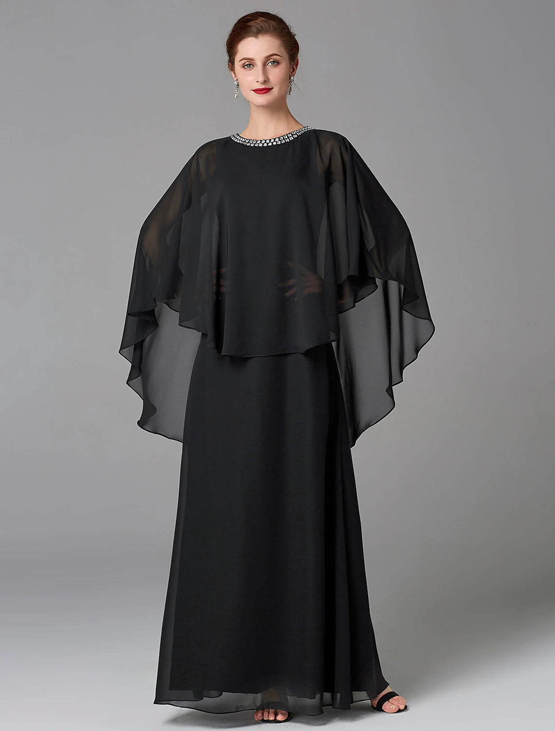 A-Line Mother of the Bride Dress Wedding Guest Elegant Plus Size Jewel Neck Floor Length Chiffon Sleeveless with Beading
