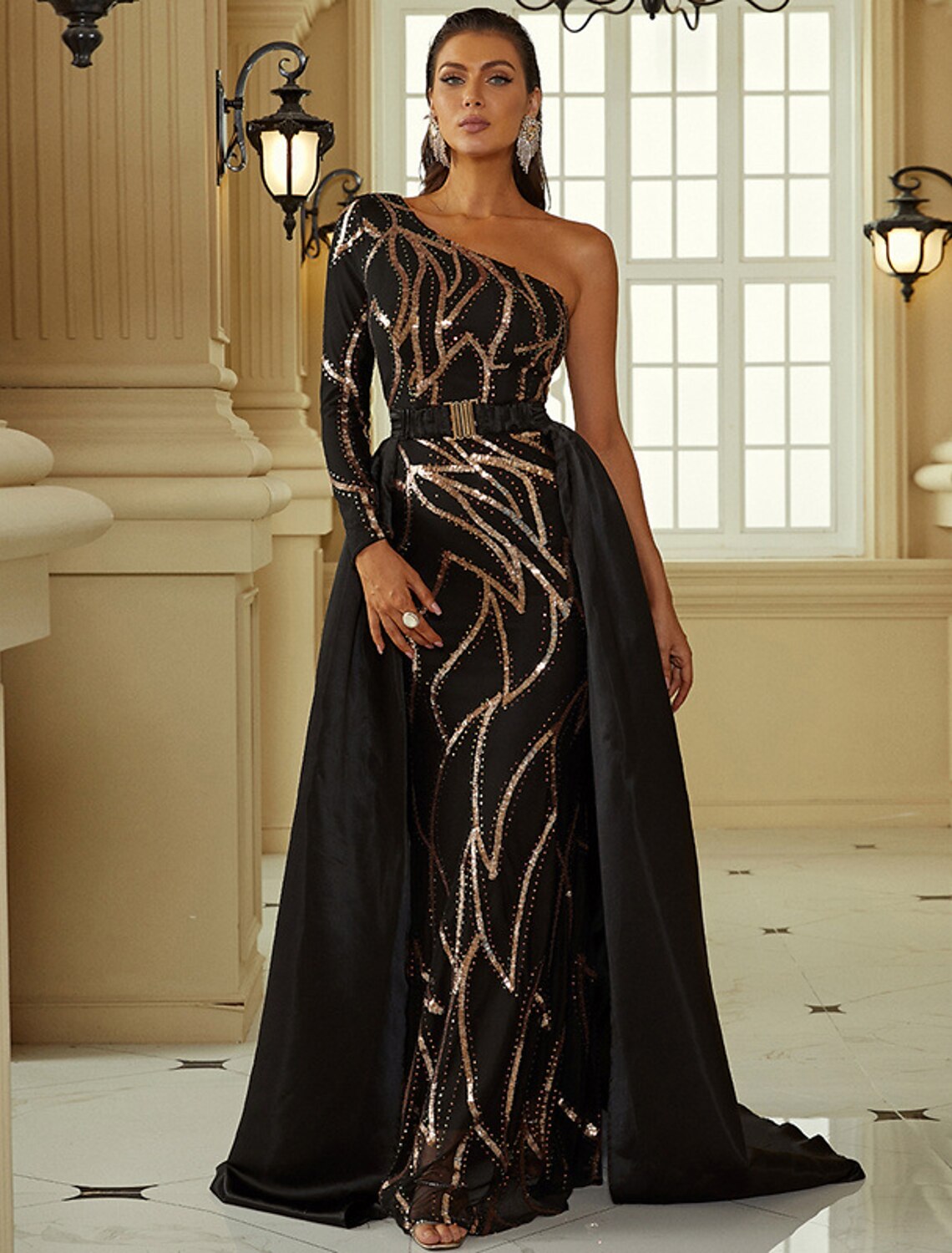 Robe de soirée noire style sirène, robe de soirée noire vintage, formelle, pour invité de mariage, traîne, manches longues, asymétrique, en polyester avec paillettes