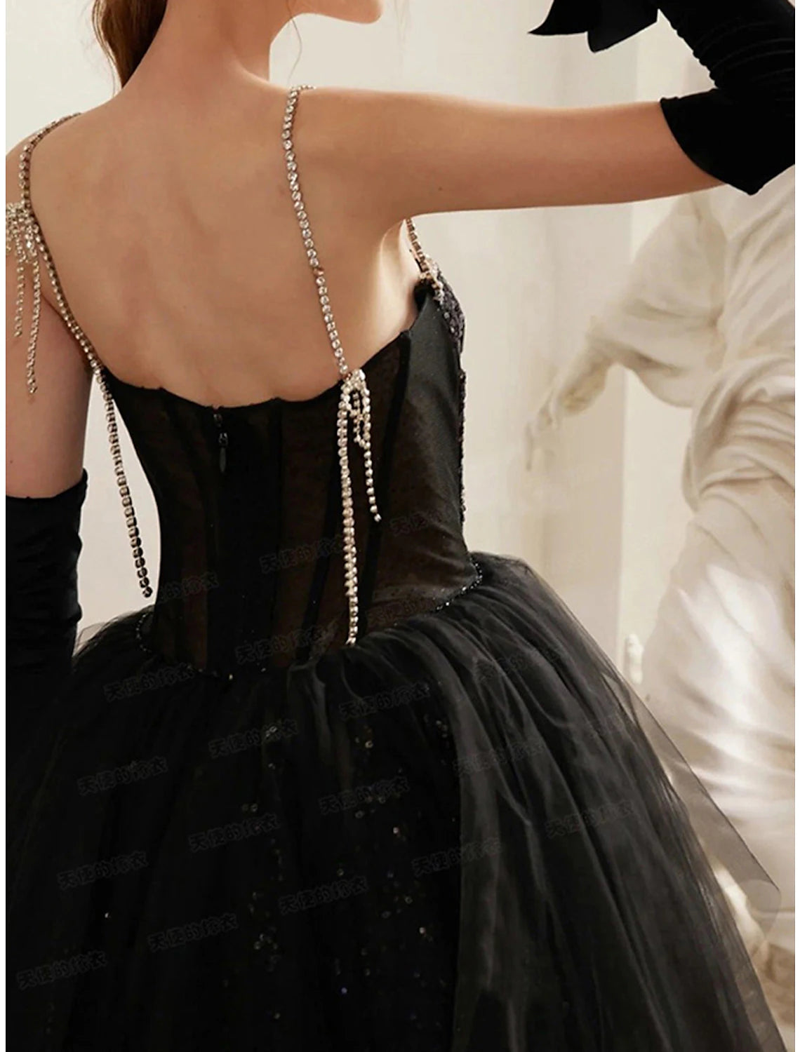 A-Linien-Abendkleid, schwarzes Kleid, Glitzer- und Glanzkleid, Abschlussball-Fotoshooting, bodenlang, ärmellos, trägerlos, mit Pailletten