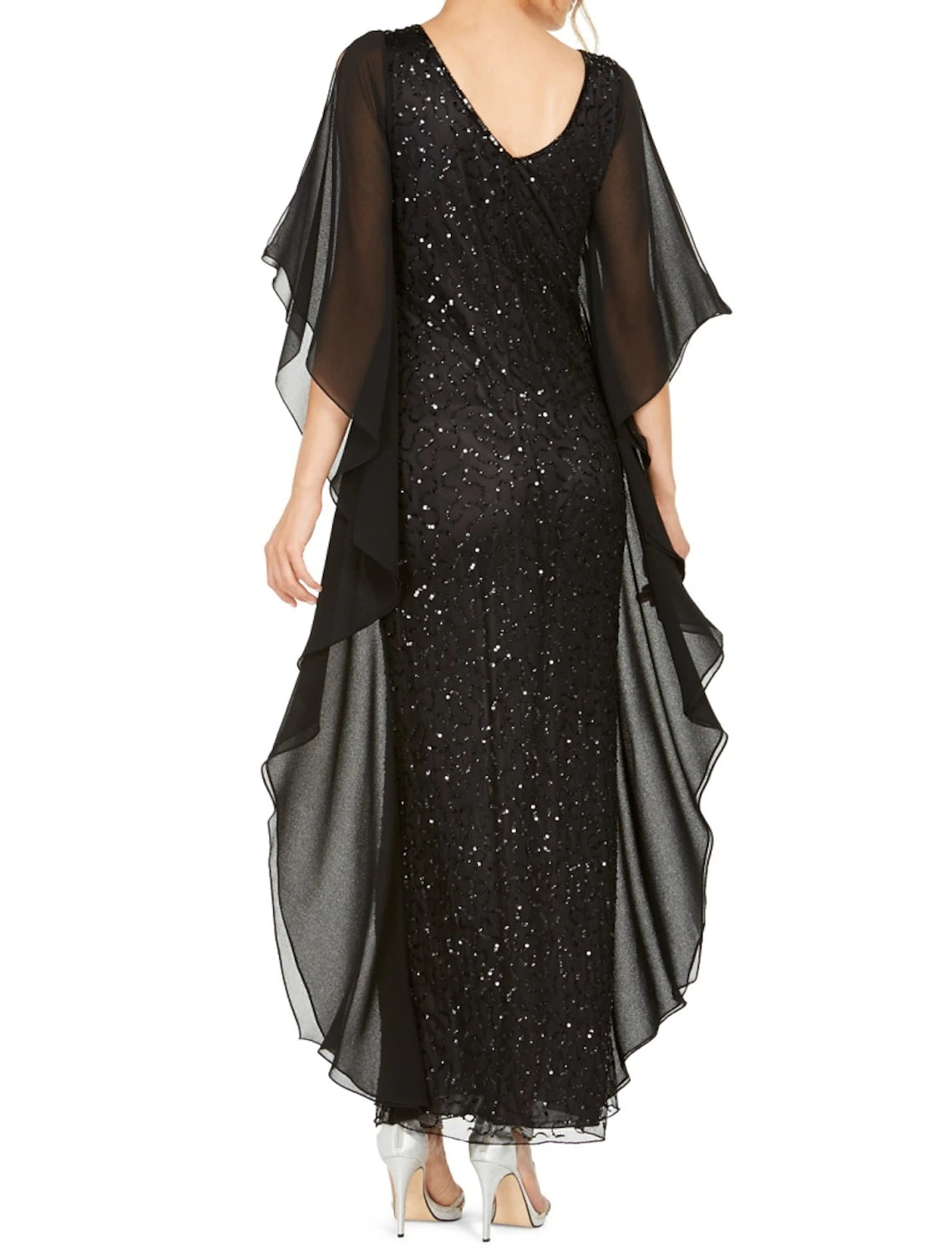 A-Linie Kleid für die Brautmutter, Hochzeitsgast, elegant, V-Ausschnitt, knöchellang, Chiffon, halbe Ärmel mit Rüschen