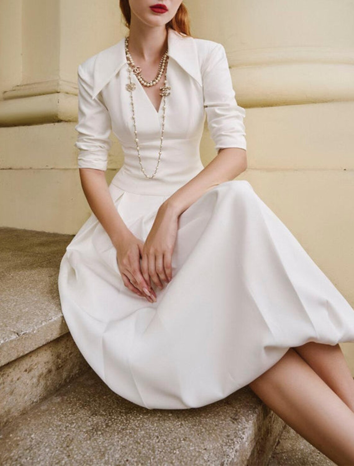 A-Line Cocktail Dresses Elegant Dress Wedding Guest Tea Length Long Sleeve Shirt Collar Stretch Fabric with Pleats