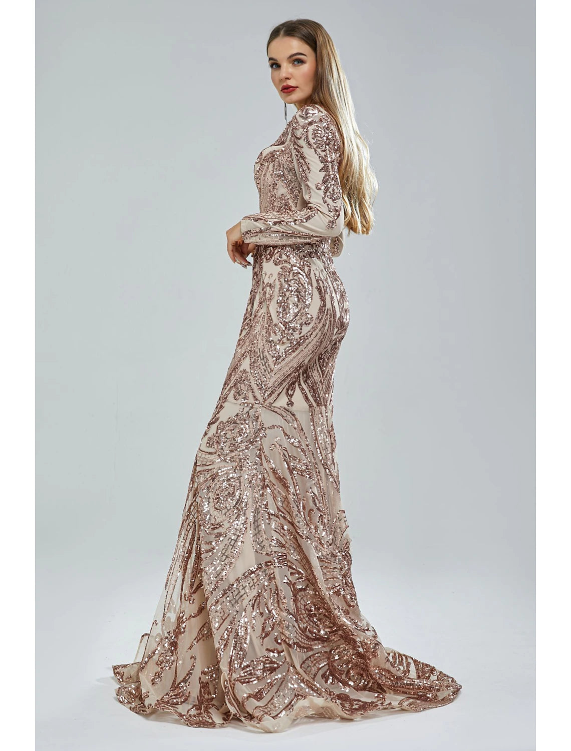 Meerjungfrau/Trompete Abendkleid Elegantes Kleid Karneval Formell Hofschleppe Langarm V-Ausschnitt Afroamerikaner Spitze mit Pailletten