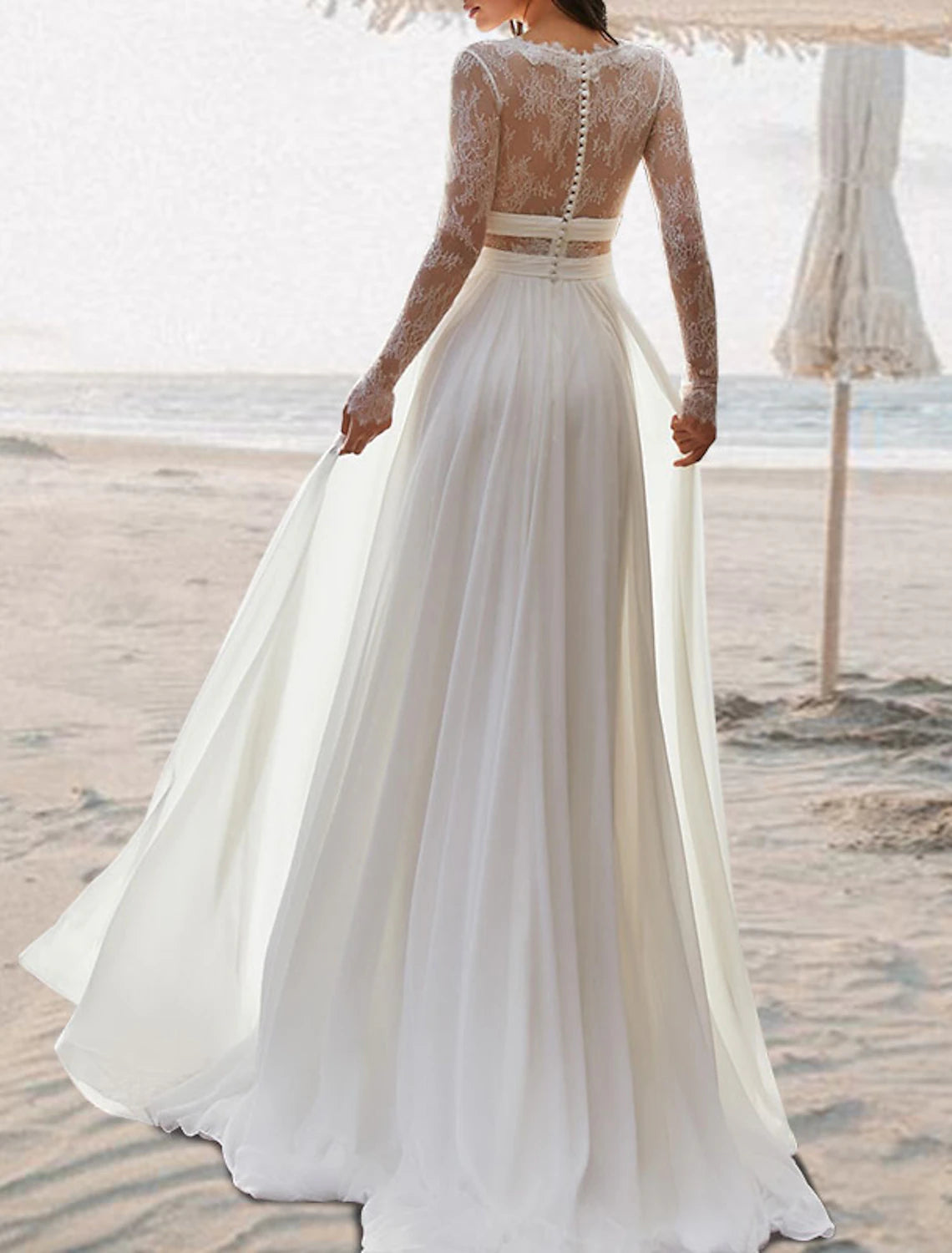 Robe de mariée bohème dos nu, coupe trapèze, col en V, sans manches, longueur au sol, en mousseline de soie, avec plis