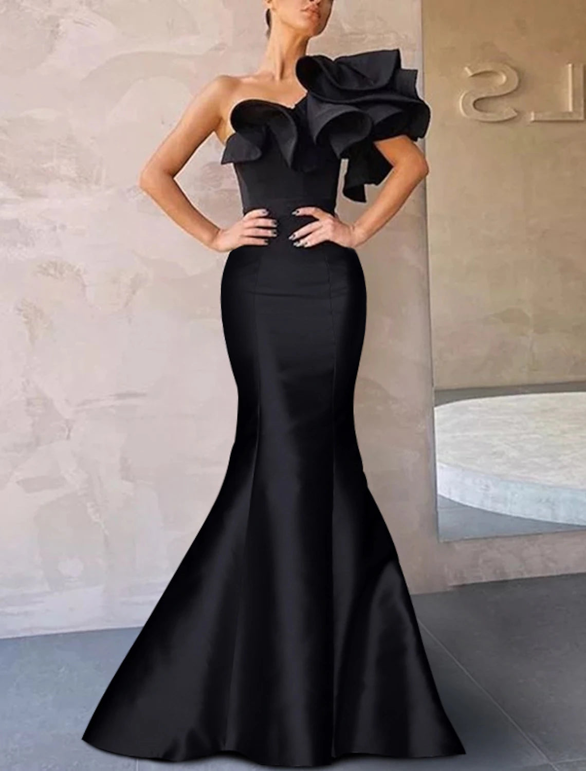 Meerjungfrau Schwarzes Kleid Abendkleid Korsettkleid Formelle Hochzeitsgäste Bodenlang Ärmellos Eine Schulter Taft mit Rüschen Schulterblume