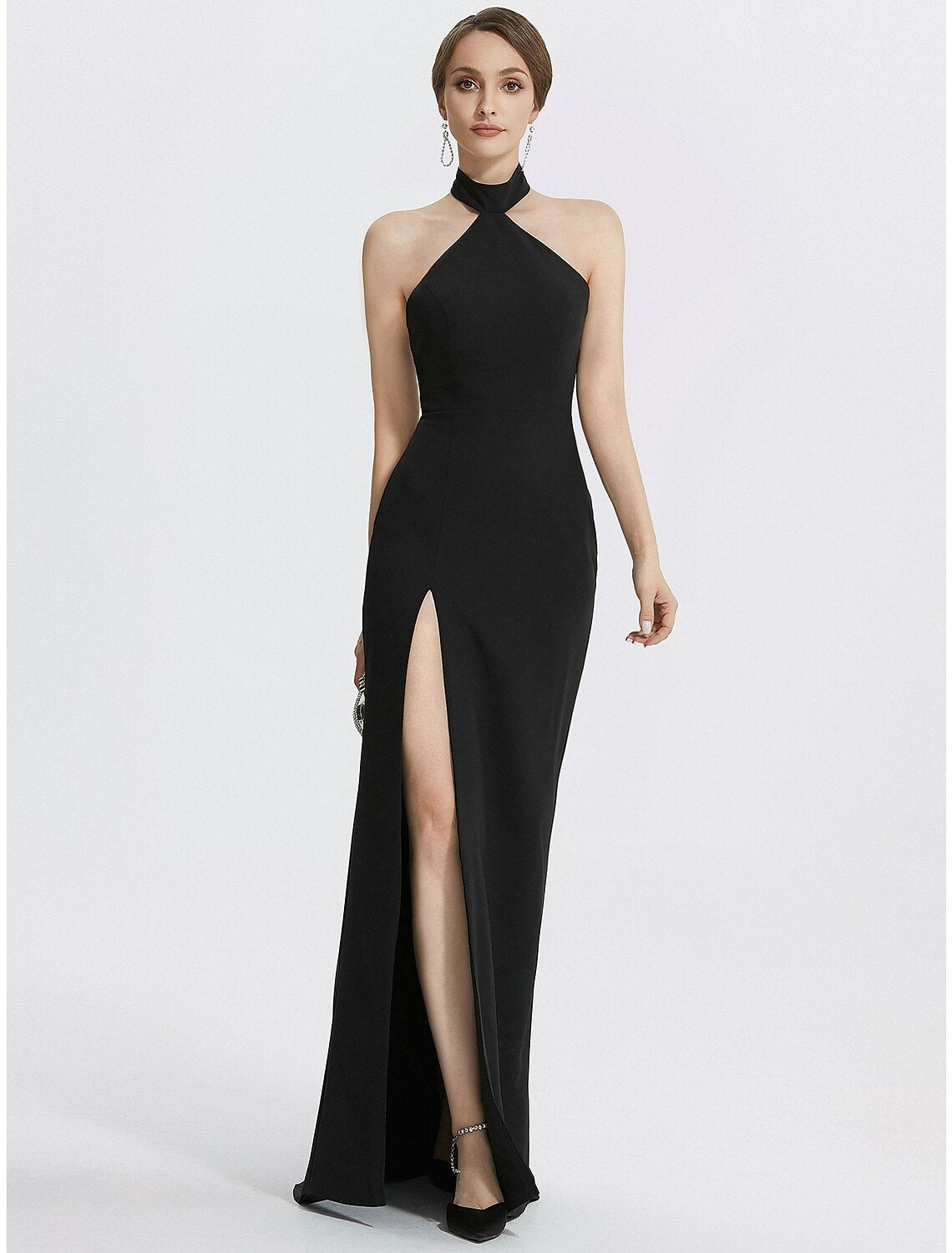 Etuikleid/Säulenkleid Abendkleid Schwarzes Kleid Hochzeitsgast Ballkleid Bodenlang Ärmellos Neckholder Stretchstoff mit Rüschen
