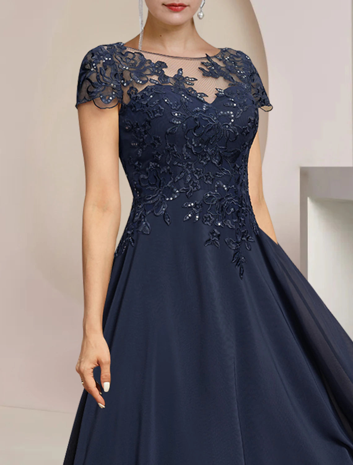 A-Linien-Kleid für die Mutter der Braut, formeller Hochzeitsgast, elegant, hoch, tief, U-Ausschnitt, asymmetrisch, knielang, Chiffon, Spitze, kurze Ärmel mit Pailletten-Applikationen