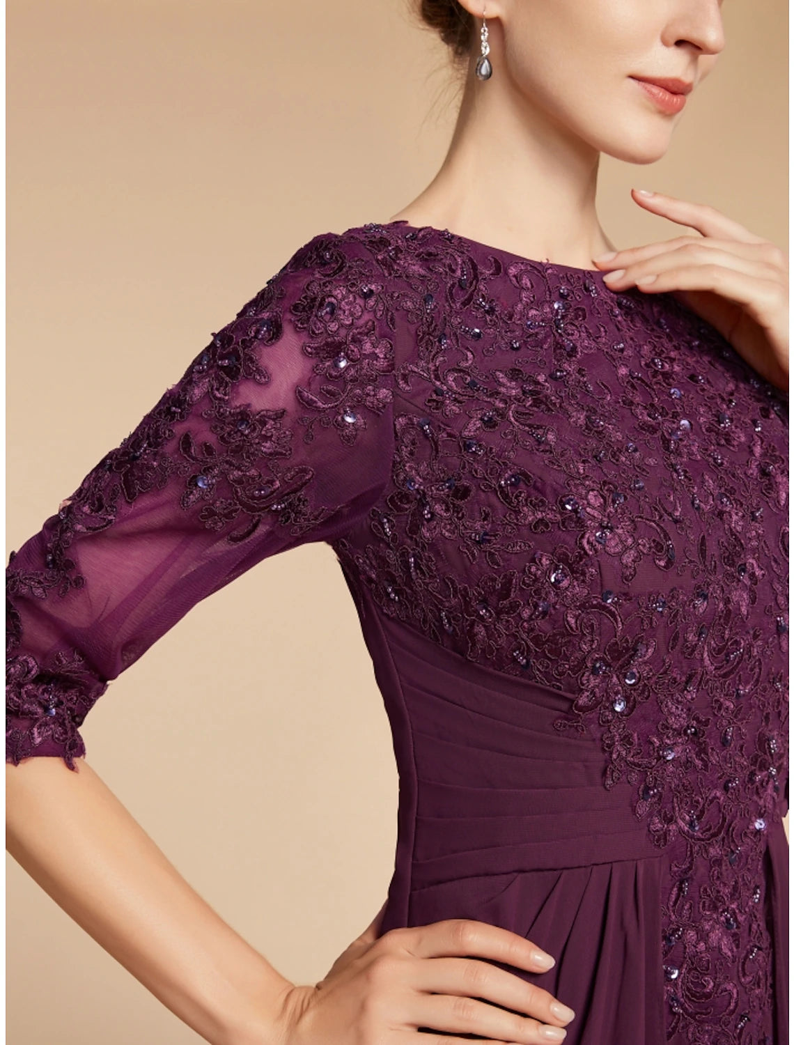 Etuikleid/Säulenkleid für die Brautmutter, Hochzeitsgast, elegant, Rundhalsausschnitt, bodenlang, Chiffon, Spitze, halbe Ärmel, mit Falten, Pailletten