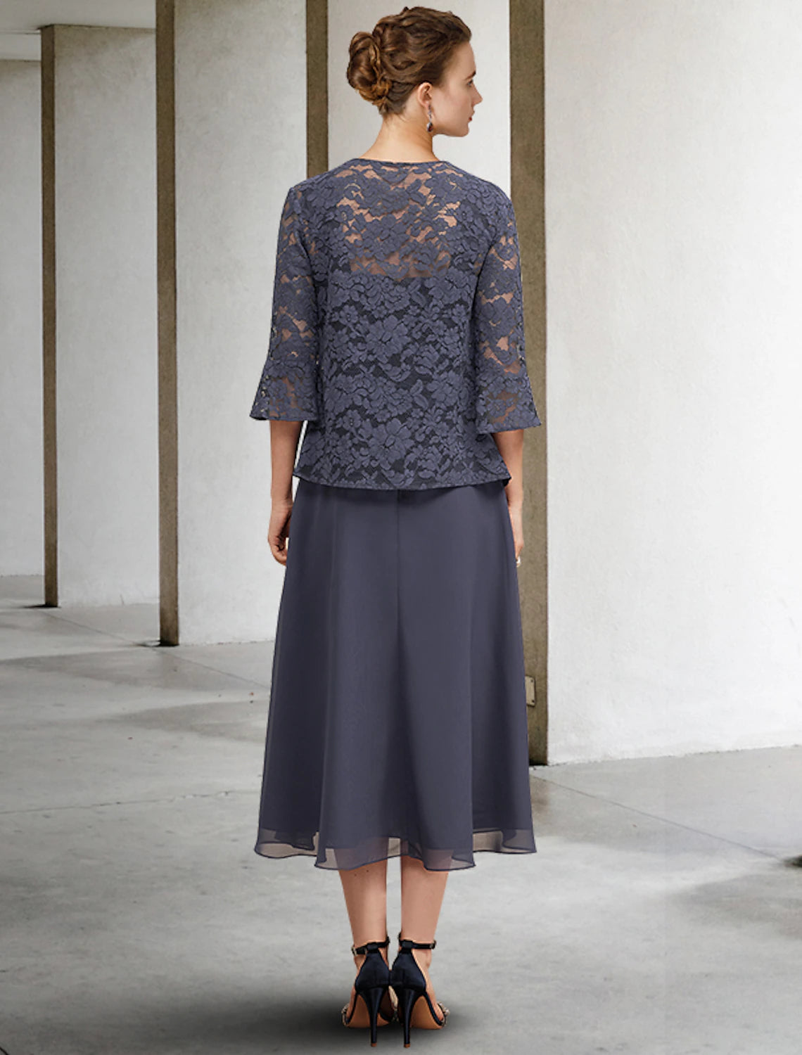 Robe mère de la mariée 3 pièces trapèze grande taille, élégante, col carré, longueur thé, mousseline de soie, dentelle, sans manches, avec veste portefeuille et volants en cristaux