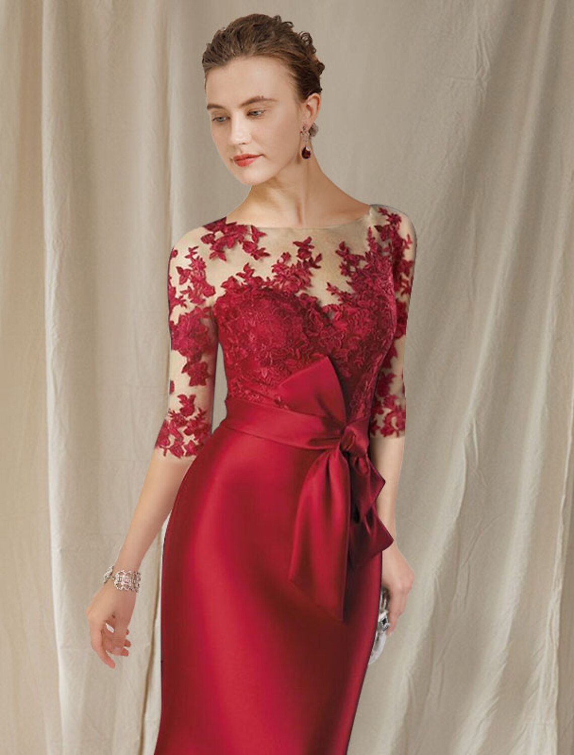 Meerjungfrau/Trompete Kleid für die Brautmutter, elegant, Übergröße, Rundhalsausschnitt, bodenlang, Satin, Spitze, halbe Ärmel, mit Schleifenapplikationen