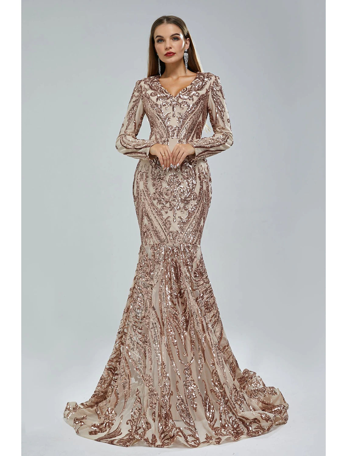 Meerjungfrau/Trompete Abendkleid Elegantes Kleid Karneval Formell Hofschleppe Langarm V-Ausschnitt Afroamerikaner Spitze mit Pailletten