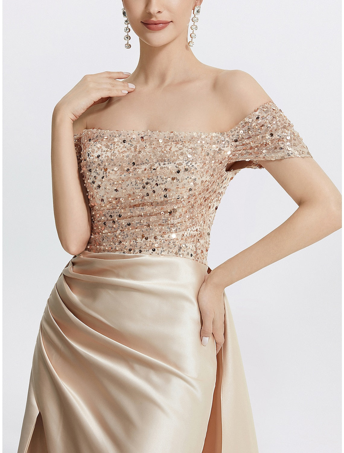Etuikleid/Säulenkleid Abendkleid Elegantes Kleid Formal Bodenlang Kurzarm Schulterfrei Pailletten mit Glitzer Falten Schlitz