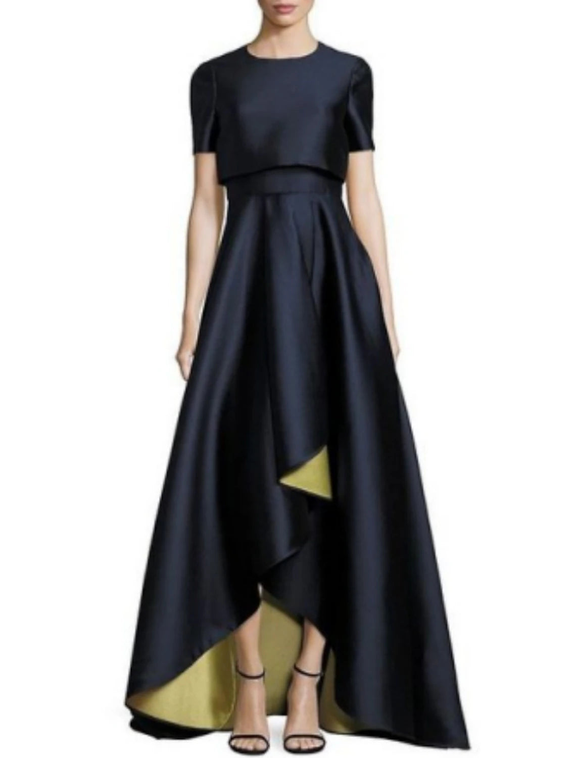 Zweiteiliges Etuikleid/Säulenkleid für die Mutter der Braut, Hochzeitsgast, Kirche, elegant, schlicht, hoch und niedrig, Rundhalsausschnitt, asymmetrisch, Taft, kurze Ärmel mit Falten, einfarbig