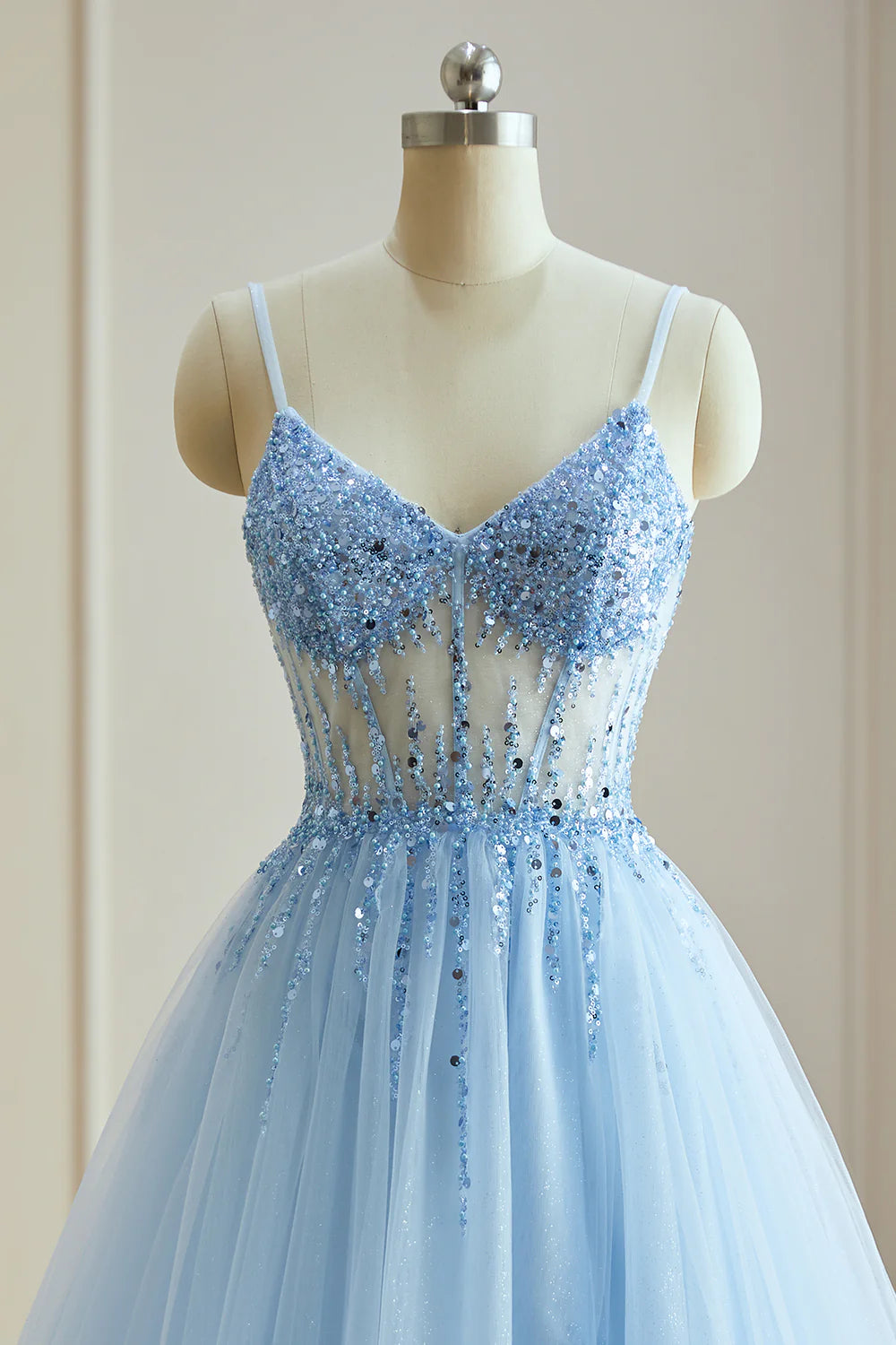 A-Line V-Neck Spaghetti Straps Beads Modest Tulle Cheap Evening Prom Dresses