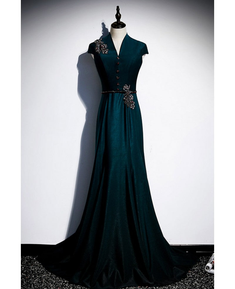 Robe de soirée élégante et noble à manches courtes, col en V, perles vert foncé, queue de poisson et longueur au sol