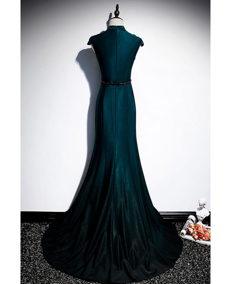 Robe de soirée élégante et noble à manches courtes, col en V, perles vert foncé, queue de poisson et longueur au sol