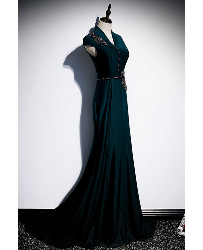 Robe de soirée élégante et noble à manches courtes, col en V, perles vert foncé, queue de poisson et longueur au sol