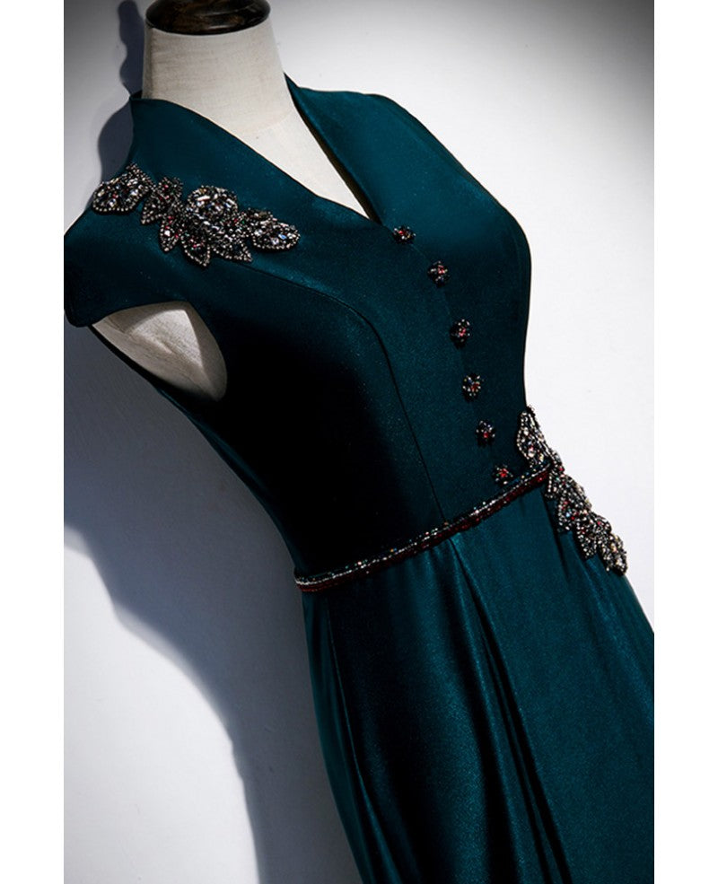 Robe de soirée élégante et noble à manches courtes, col en V, perles vert foncé, queue de poisson et longueur au sol
