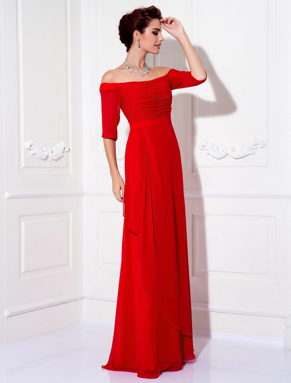 Etuikleid/Säulenkleid, minimalistisches Kleid, Hochzeitsgast, formeller Abend, Sweep/Pinselzug, halbe Ärmel, schulterfrei, Brautjungfernkleid aus Chiffon mit gerüschter Drapierung