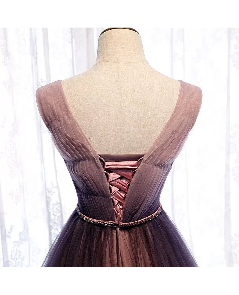 Unique/Beautiful Gradient Purple Sleeveless Belt Hanging Neck Evening Dress Gradient Purple V-neck Open Back and Floor Length Evening Dress