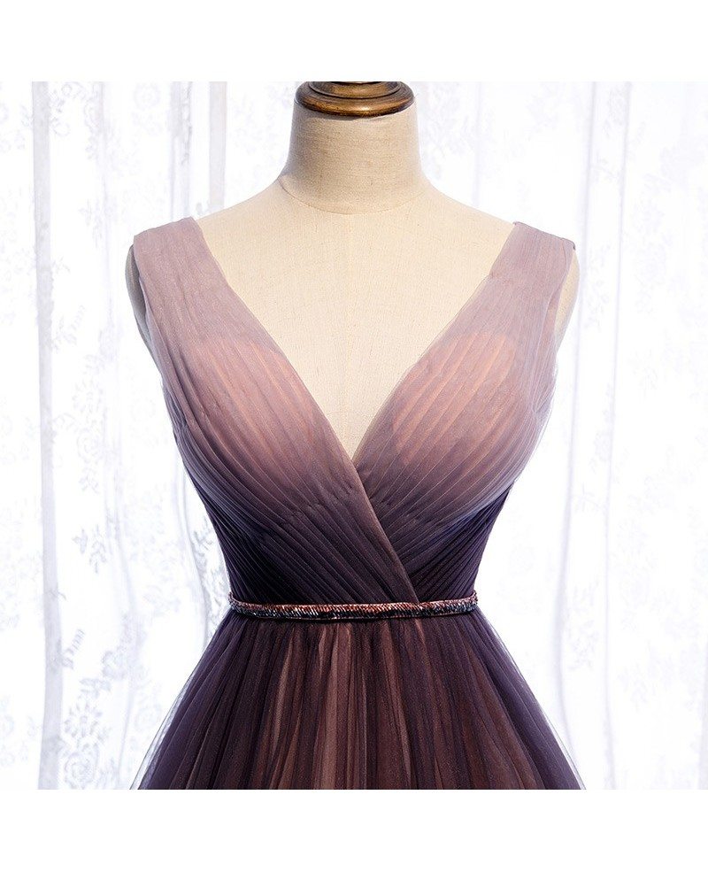 Unique/Beautiful Gradient Purple Sleeveless Belt Hanging Neck Evening Dress Gradient Purple V-neck Open Back and Floor Length Evening Dress