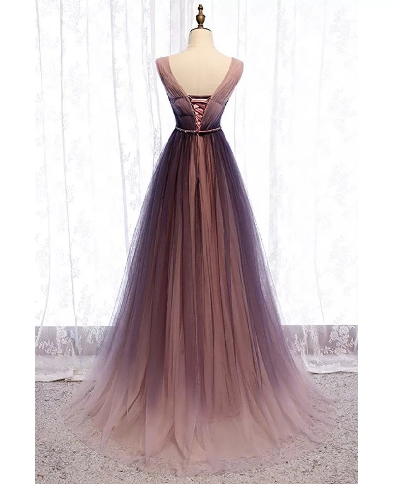 Unique/Beautiful Gradient Purple Sleeveless Belt Hanging Neck Evening Dress Gradient Purple V-neck Open Back and Floor Length Evening Dress
