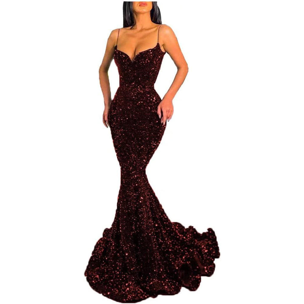 Pailletten-Meerjungfrauen-Ballkleid, funkelndes V-Ausschnitt-Ballkleid mit italienischen Nudelträgern