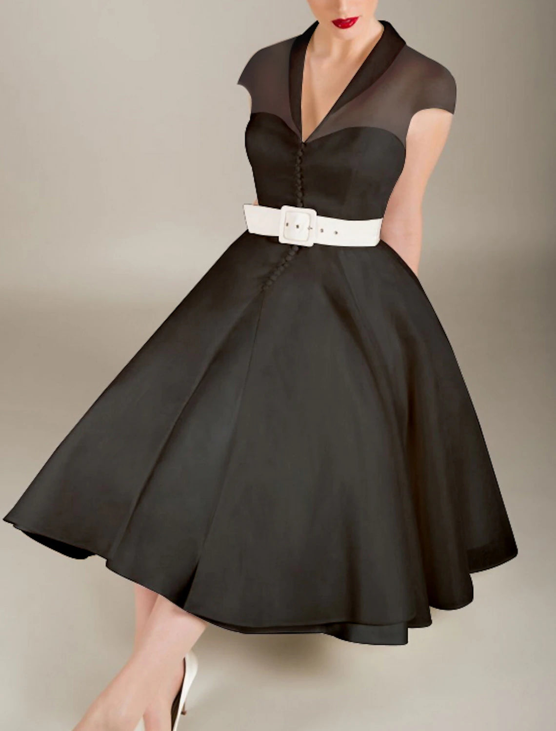 Robe de cocktail trapèze style années 50, robe de Saint-Valentin, invitée de mariage, longueur genou, sans manches, col en V, tulle avec ceinture/ruban