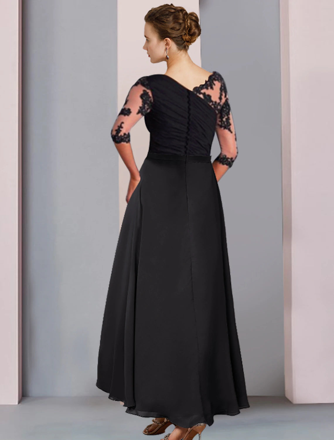 A-Linie Kleid für die Mutter der Braut, Hochzeitsgast, elegant, hoch, tief, U-Ausschnitt, asymmetrisch, knielang, Chiffon, Spitze, halbe Ärmel mit Applikationen, seitlich drapiert