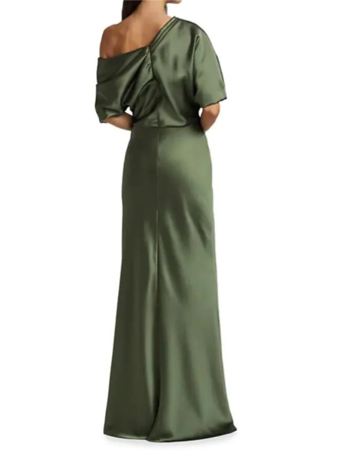 Etui-Linie/Säulenkleid für die Brautmutter, Hochzeitsgast, elegante Party, schulterfrei, Sweep/Pinselzug, Satin, halbe Ärmel mit Rüschen