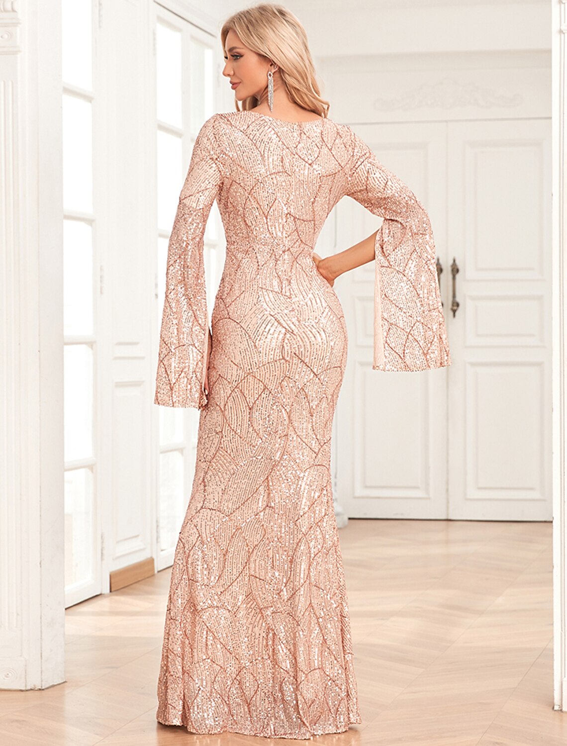 Meerjungfrau/Trompete Abendkleid Elegantes Kleid Hochzeitsgast Abendparty Bodenlang Langarm V-Ausschnitt Herbst Hochzeitsempfang Pailletten mit Pailletten