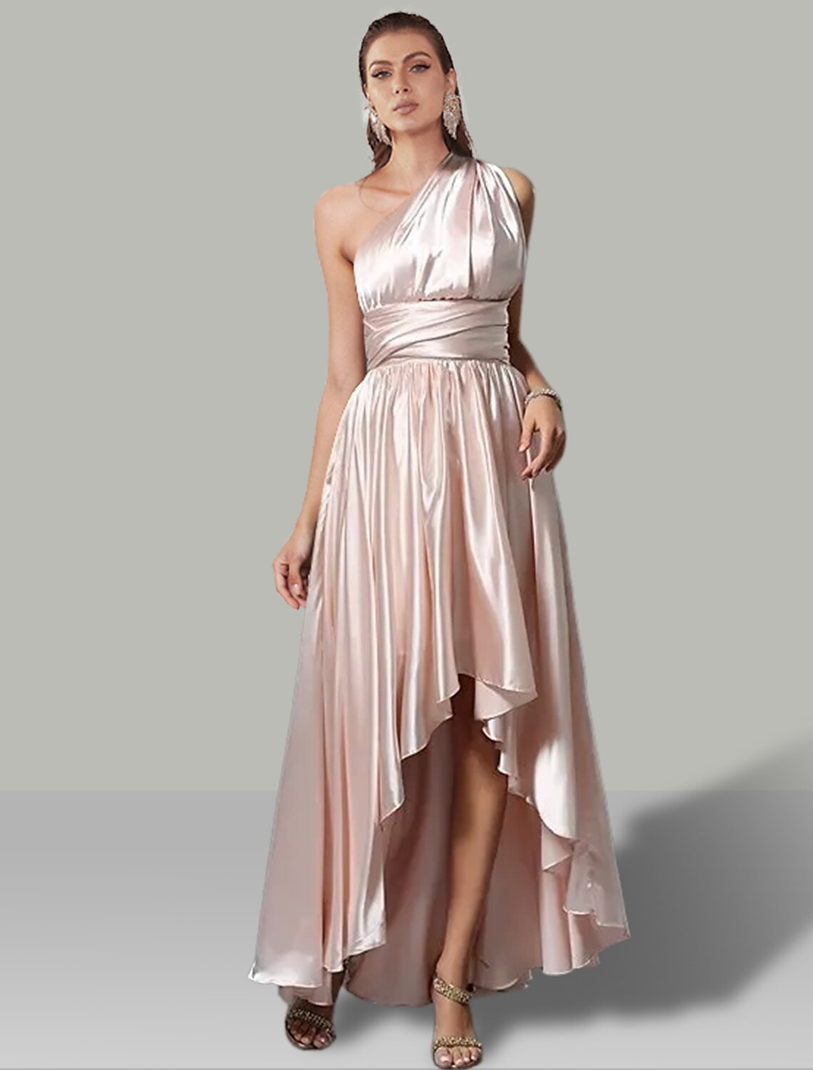 Robe de mariée trapèze asymétrique sans manches, col en V, convertible, en satin avec fronces