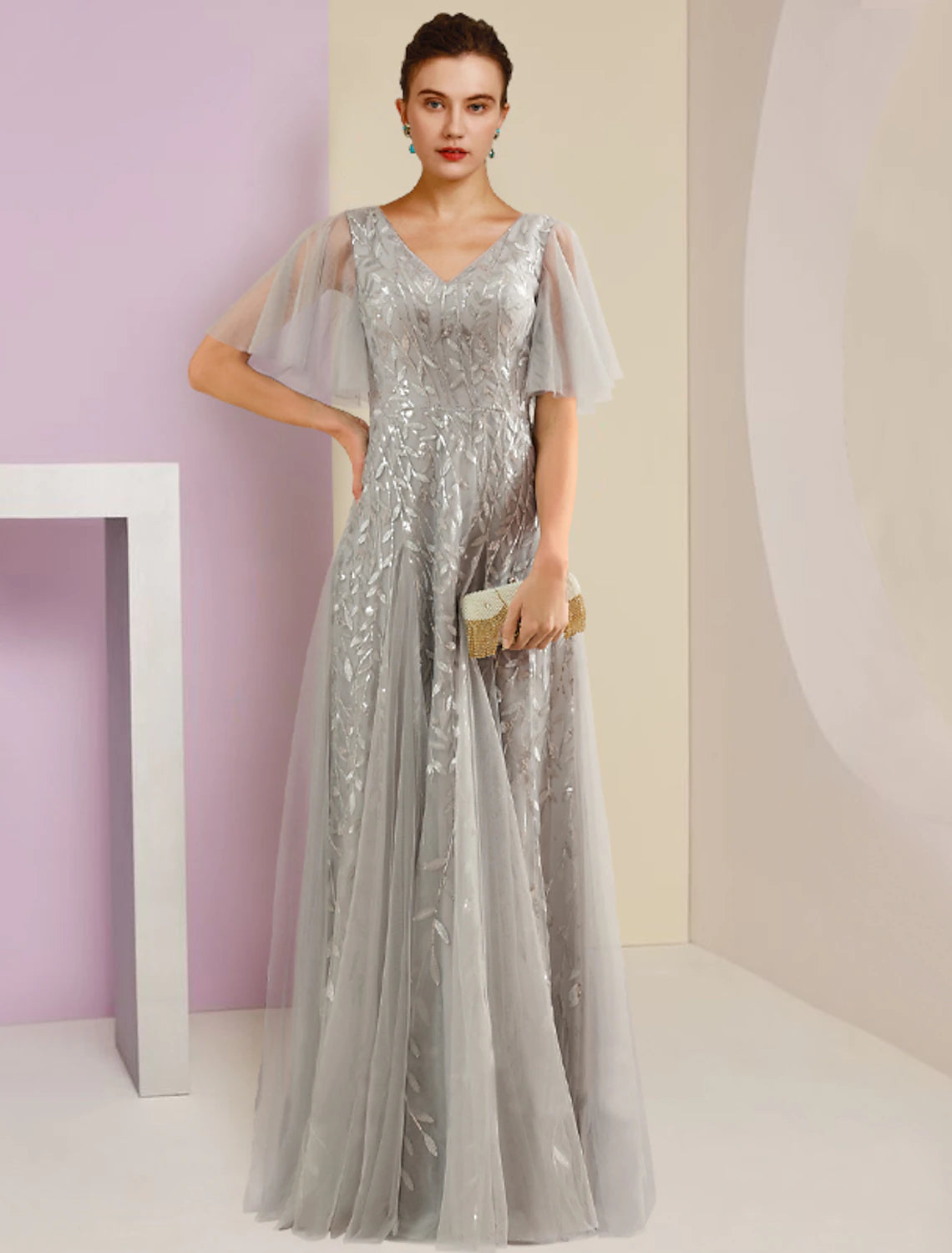 Etuikleid/Säulenkleid für die Brautmutter, Partykleid, Glitzer und Glanz, V-Ausschnitt, bodenlang, Spitze, Tüll, kurze Ärmel, mit Falten, Pailletten