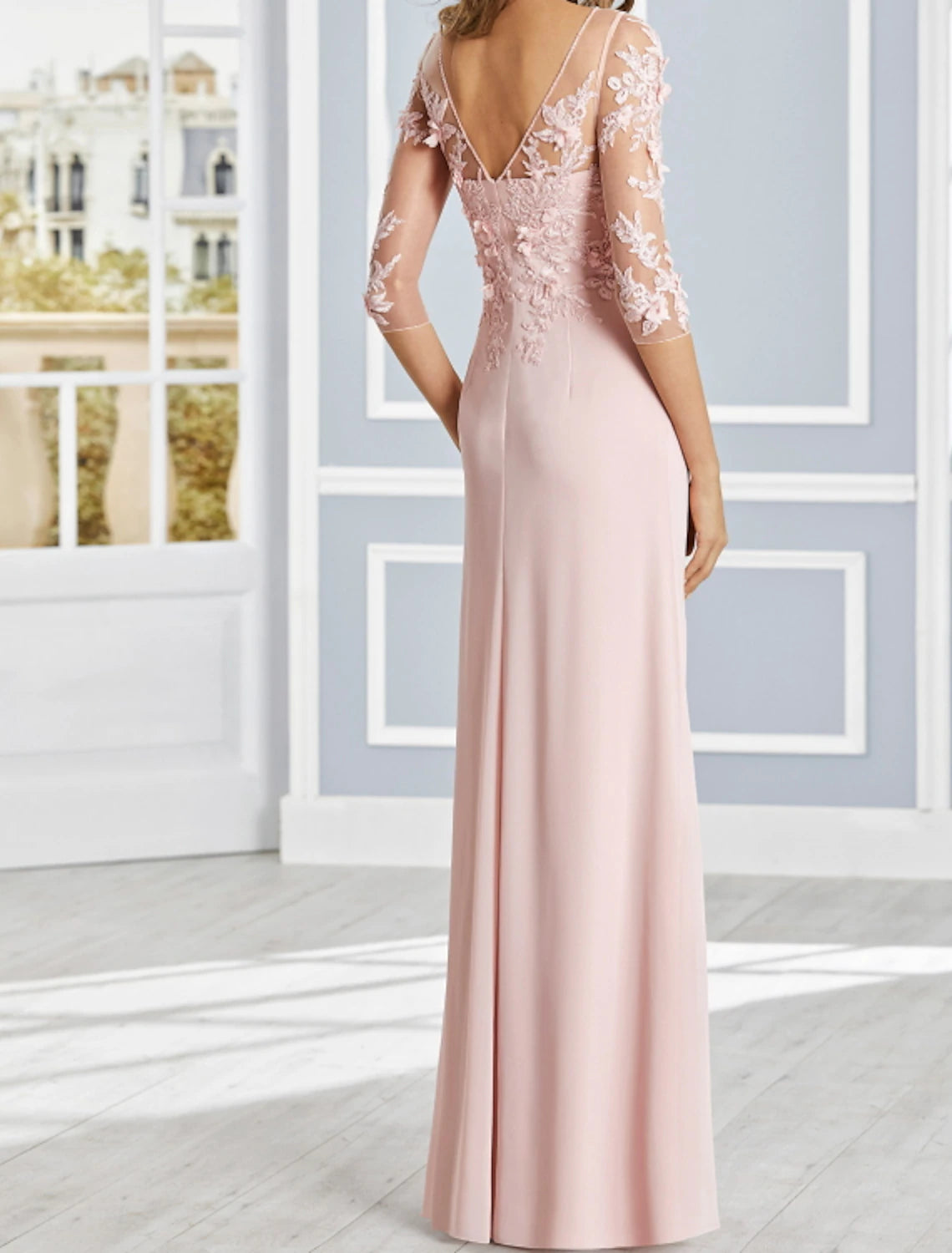 Etui-Linie/Säule, luxuriöses Blumenkleid für formelle Anlässe, Illusionsausschnitt, halbe Ärmel, bodenlanges Chiffonkleid mit Rüschen, drapierten Applikationen