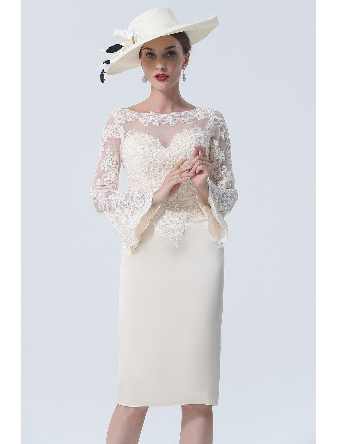 Etuikleid/Säulenkleid für die Brautmutter, Vintage, Übergröße, elegant, Rundhalsausschnitt, knielang, Satin, Spitze, lange Ärmel mit Spitze