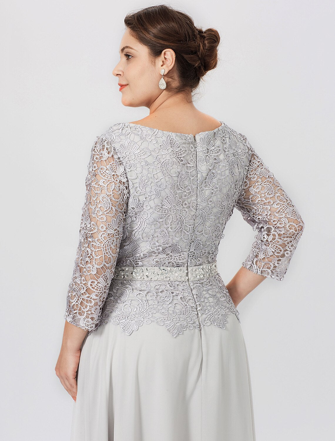 Etuikleid/Säulenkleid für die Brautmutter, formell, Übergröße, elegant, Rundhalsausschnitt, bodenlang, Chiffon, Kordelspitze, 3/4-Ärmel, nein, mit Spitze