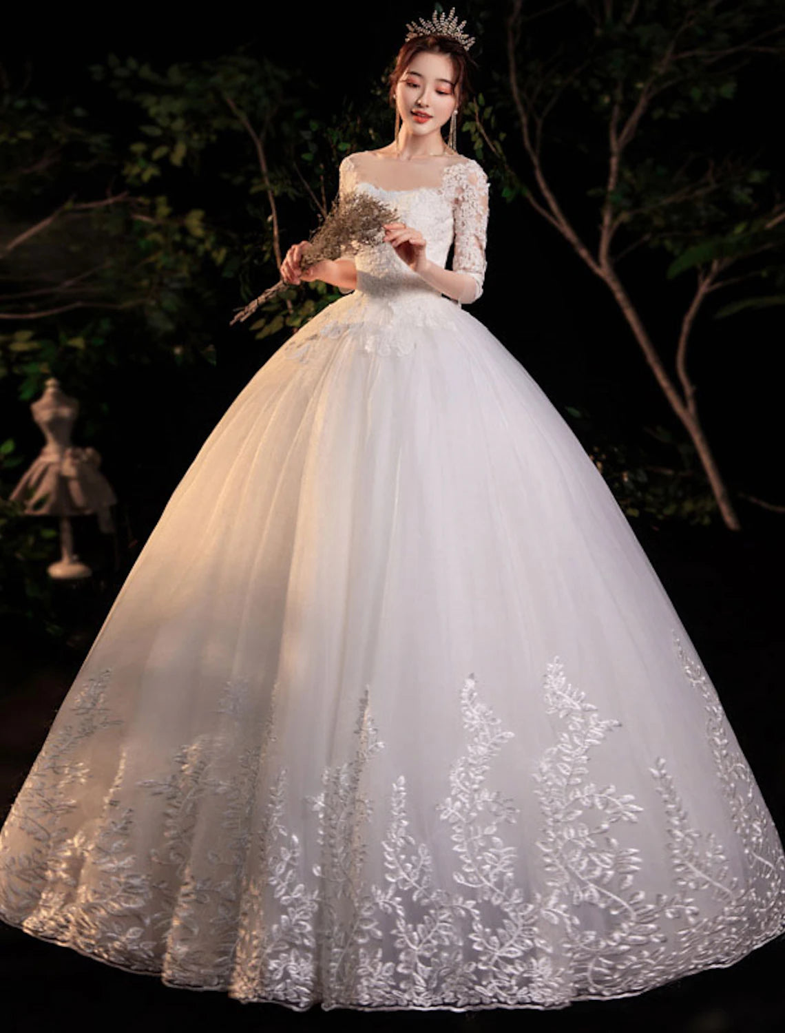 Empfang Formale Brautkleider Ballkleid Illusion Neck Halbarm Bodenlangen Spitze Brautkleider Mit Applikationen