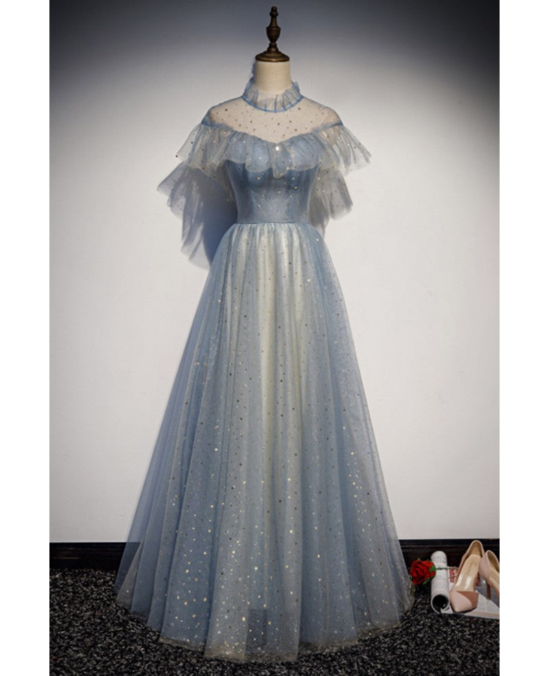 Robe de soirée élégante bleu ciel transparente à col haut et manches courtes en paillettes, robe de bal longue en tulle princesse bleu ciel, dos nu et longueur au sol