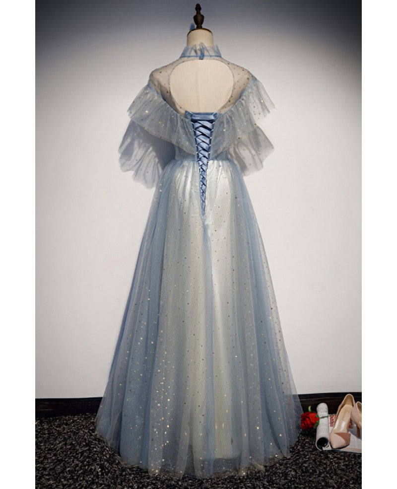 Robe de soirée élégante bleu ciel transparente à col haut et manches courtes en paillettes, robe de bal longue en tulle princesse bleu ciel, dos nu et longueur au sol